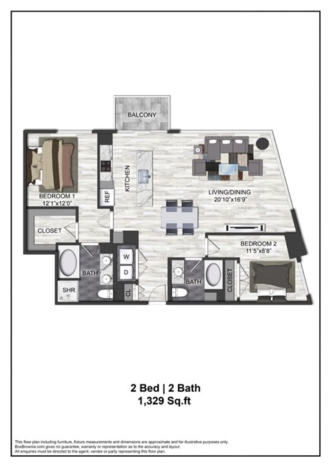Floor plan for 2 beds, 2 baths, 1329 sqft